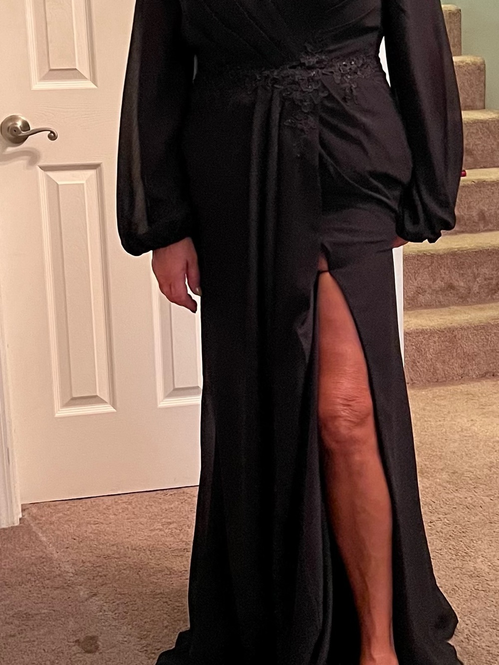 Black Long Sleeve Evening Gown with Side Thigh Slit